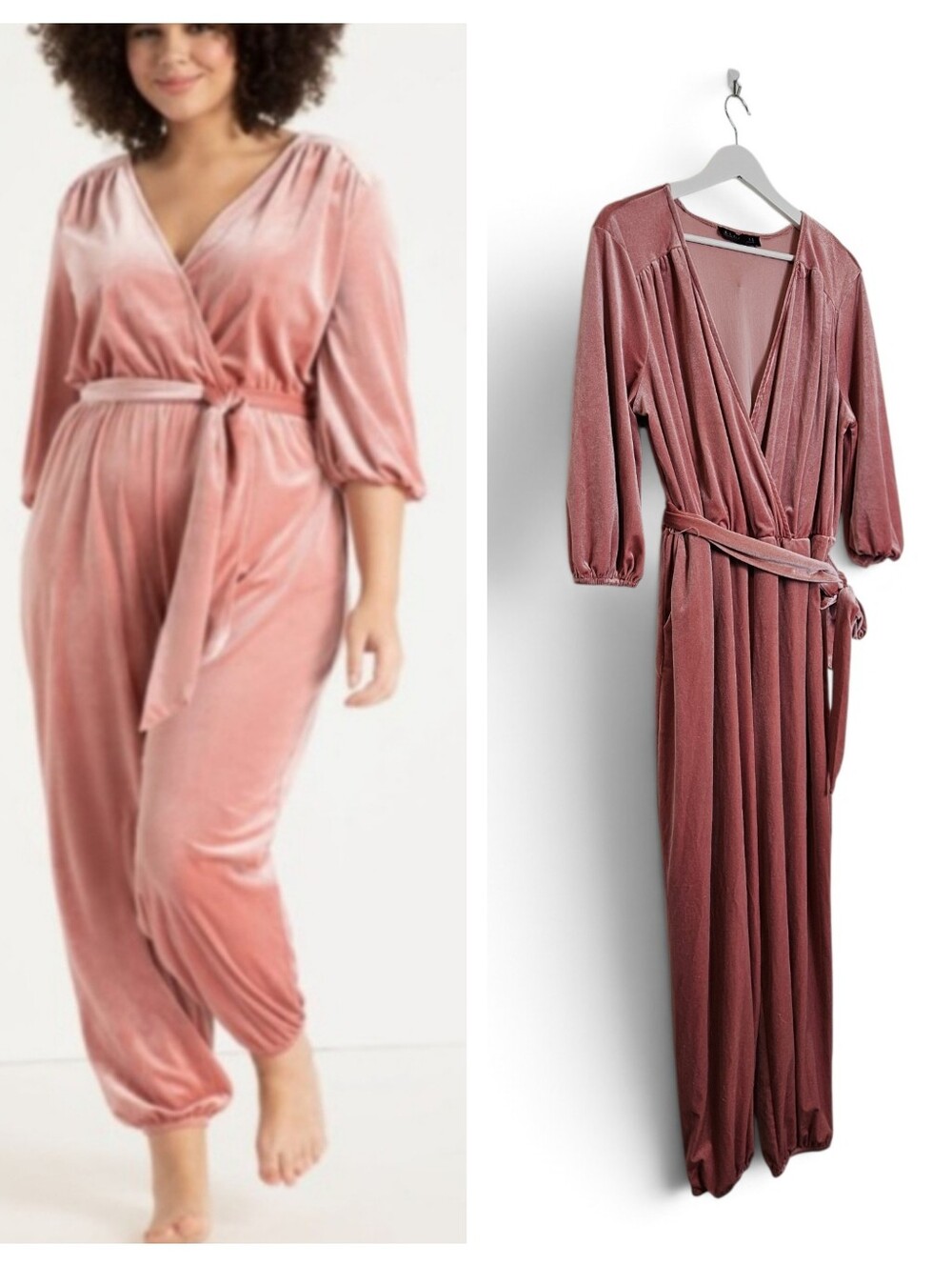 Eloquii Relaxed Velvet Jumpsuit 14/16 Wrap Tie Waist Jogger Mauve Velour